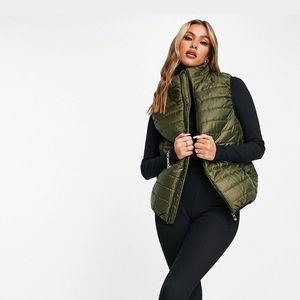 Khaki green padded poofy vest with cinch waist